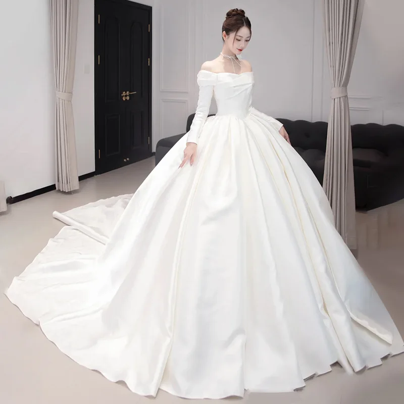 ZX-550 High-end wedding dress bride 2024 autumn / winter new retro heavy industry satin outdoor marriage gown