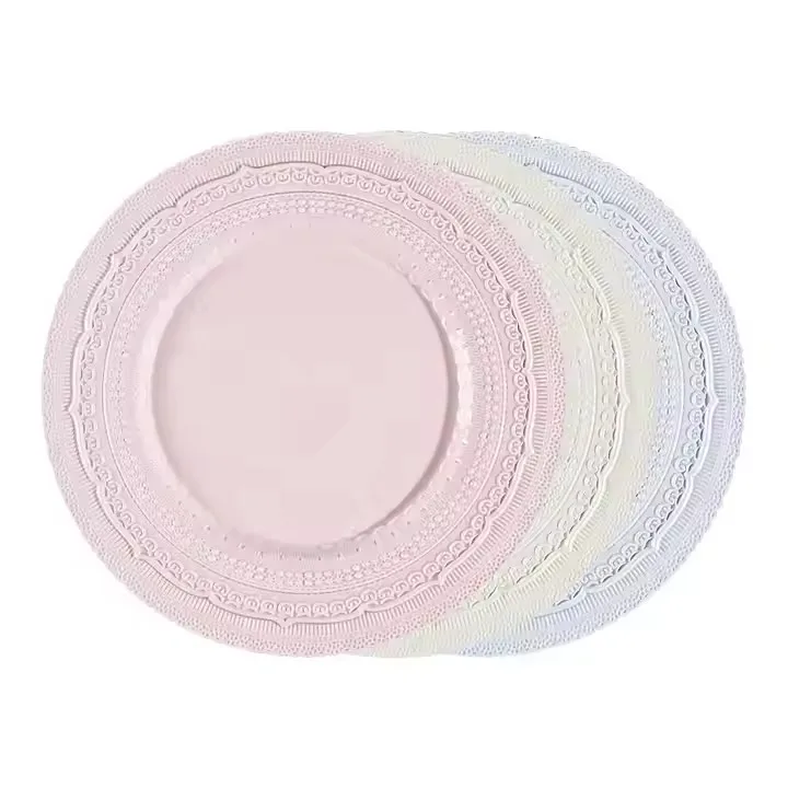 Wholesale Bone China Ceramic Plate Hand Painted Embossed Decal Blue Pink Beige Lace Porcelain Dinner Dessert Plate for Wedding