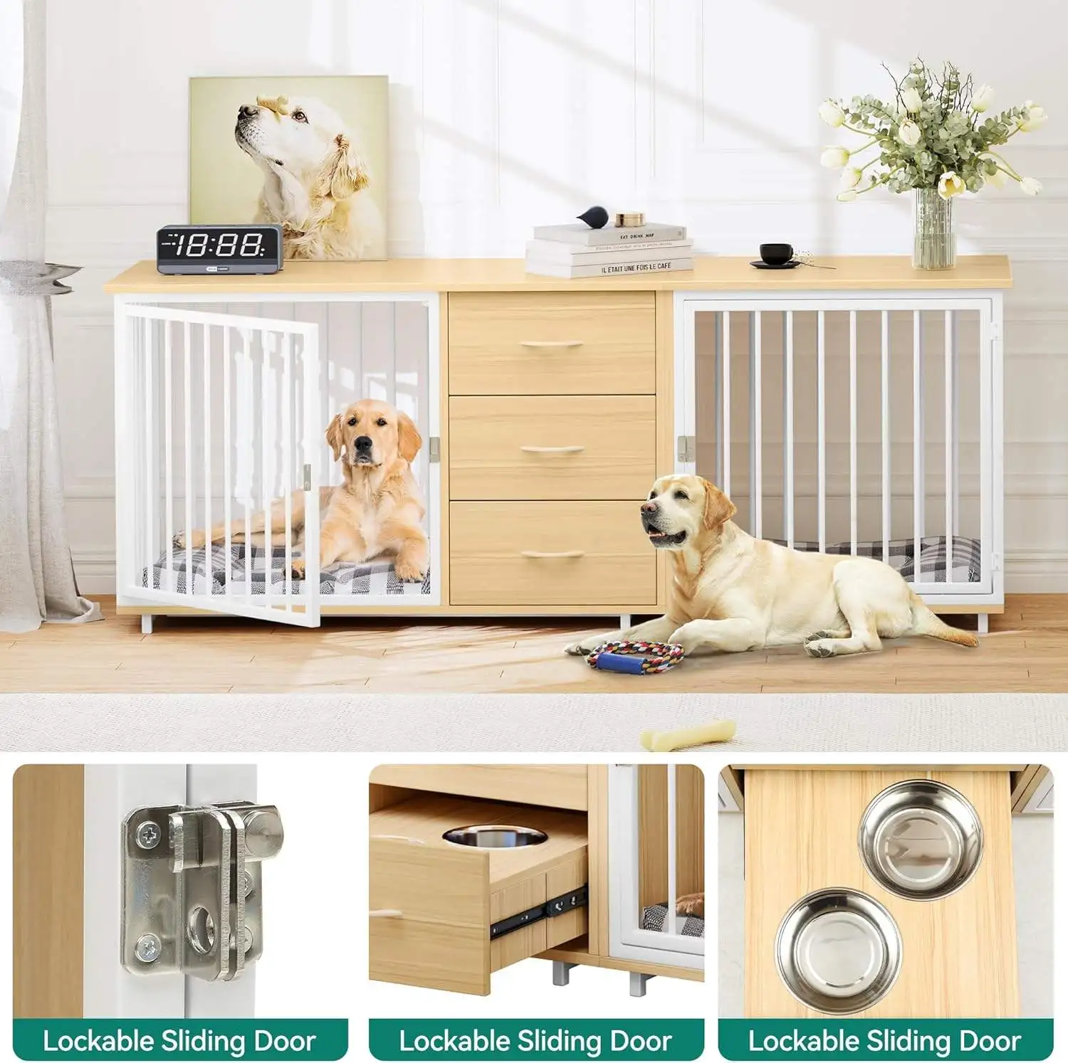 Custom 2 Feeder Bowls Luxury Double Wooden And Iron Dog Crate Furniture Tv Stand With Room Divider Pet Table Cages