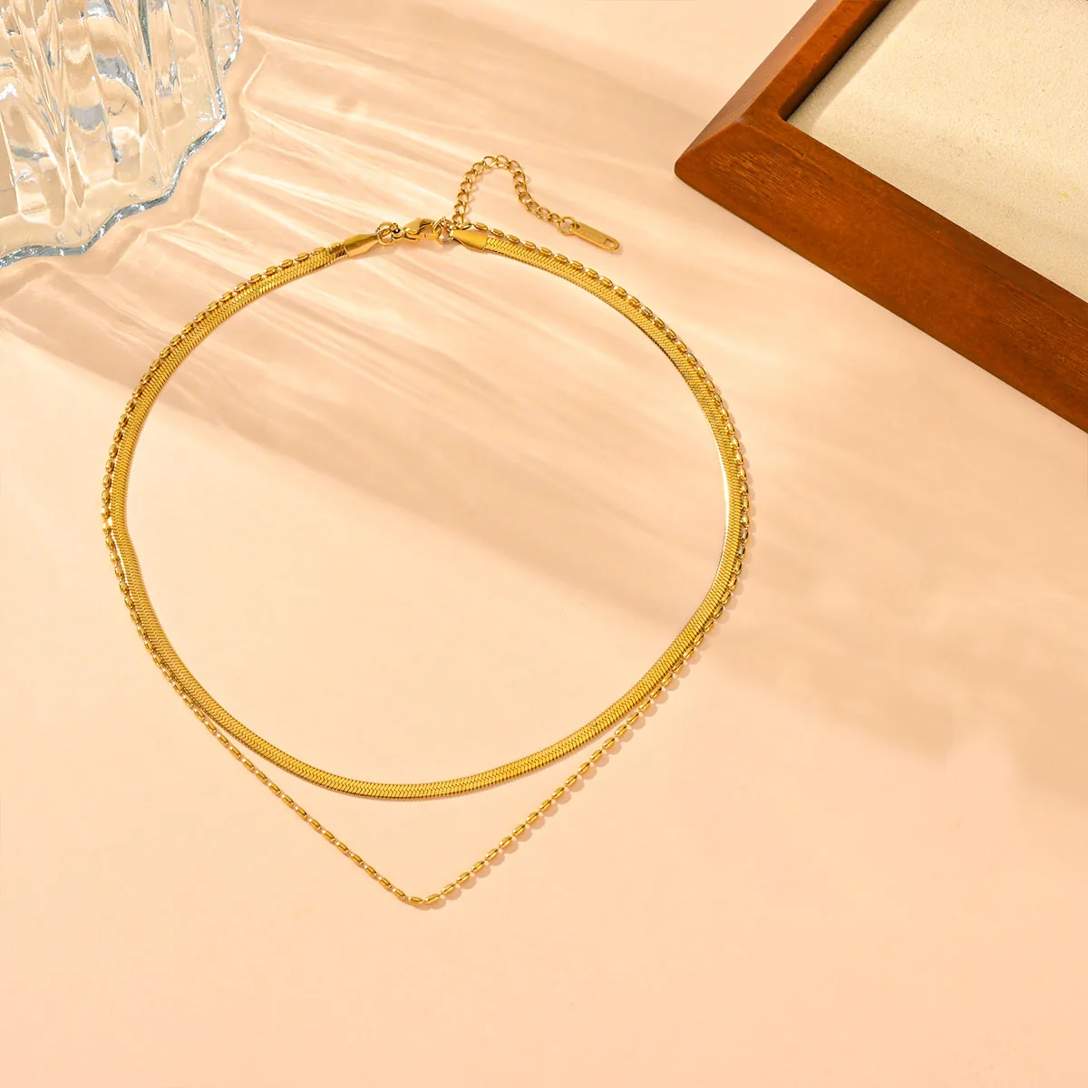 18K Gold Plated Stainless Steel Snake Chain Bracelet Set Fashion Jewelry Small Rice Beads Double Layer Flat Bracelets