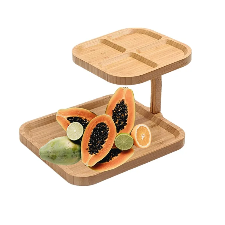 High quality square natural wooden cake stand 2 tier tray bamboo dessert tray