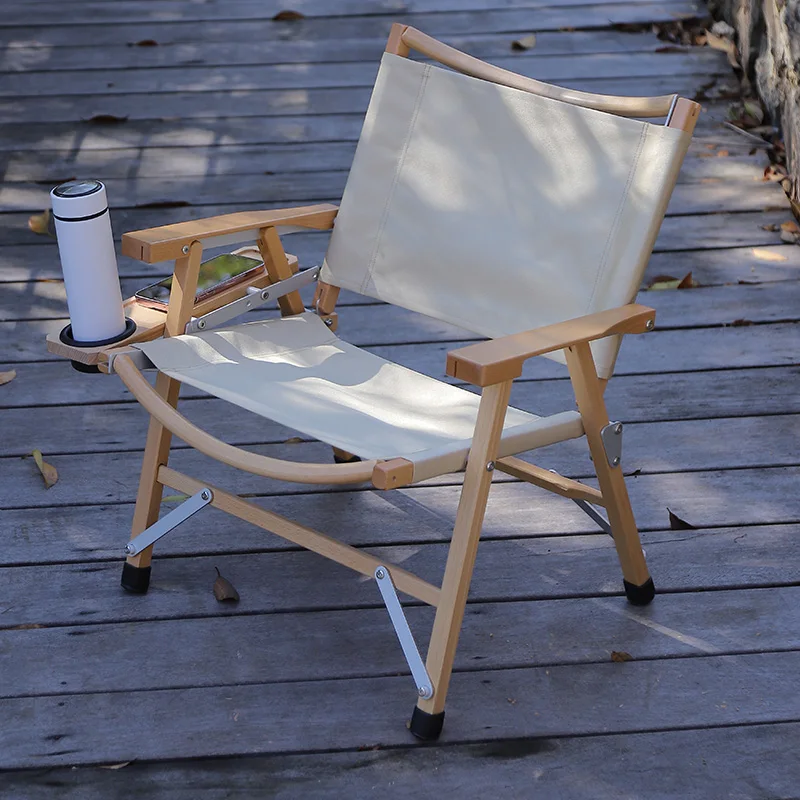 Nordic Simple Solid Wood Deck Canvas Folding Beach Chair Wooden Kermit Chair With Cup Holder For Banquet