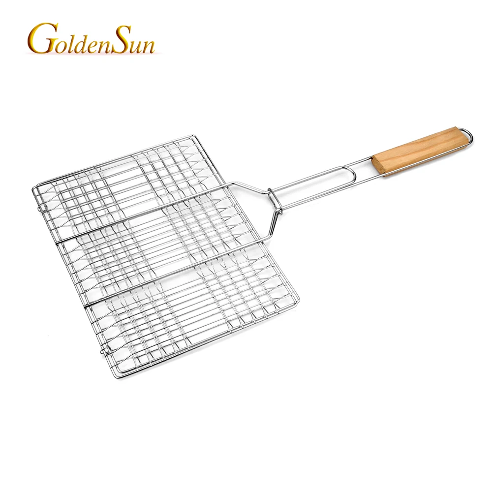 Chrome Plated 6 hamburger BBQ Grilling Basket With Wooden Handle