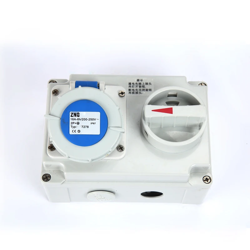 ZNG-7278 IP67 Waterproof 3 Pin 16A Wall Mounted Industrial Interlock Socket Outlet With Switch