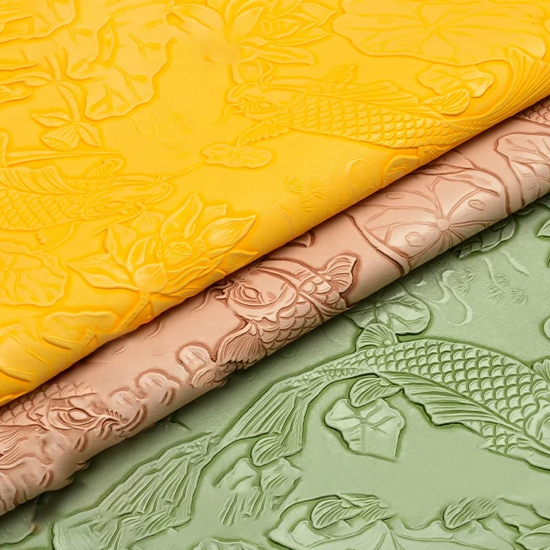 0.9MM High Glossy Embossed PVC Upholstery Leather Material Embossing Fish Lotus Print Faux Leather For Women Handbags Upholstery