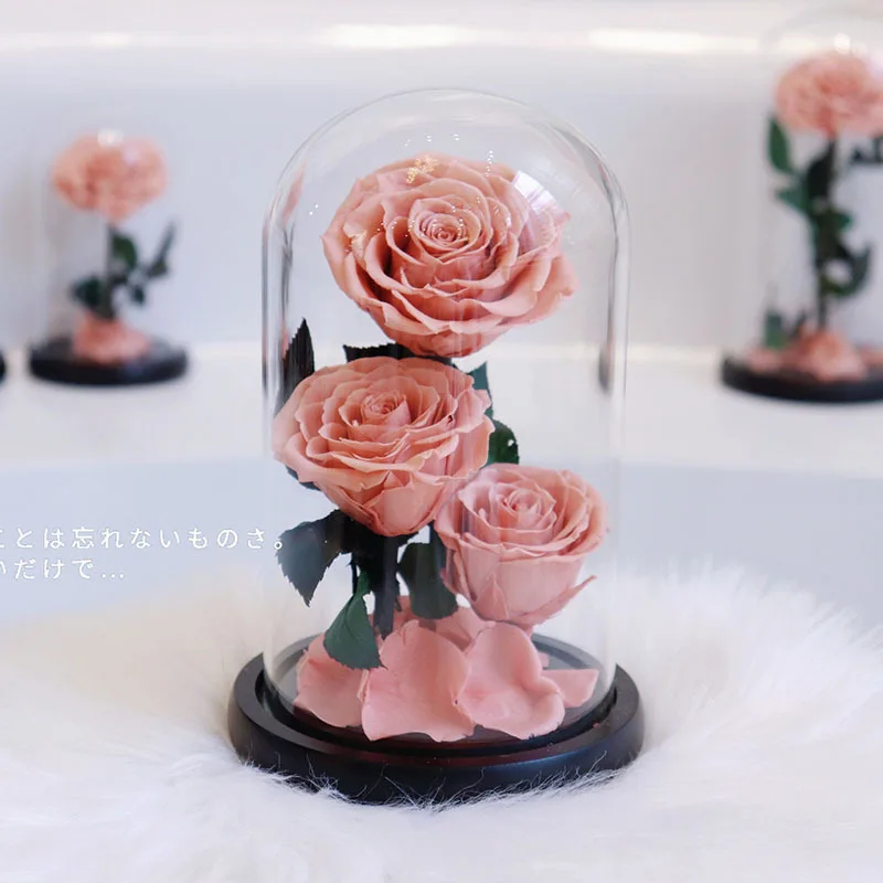 Wholesale Eternal 3 Beauty Rose Valentine Gifts Glass Dome Flower Preserved Rose in Glass Gift Box Valentine Custom Logo