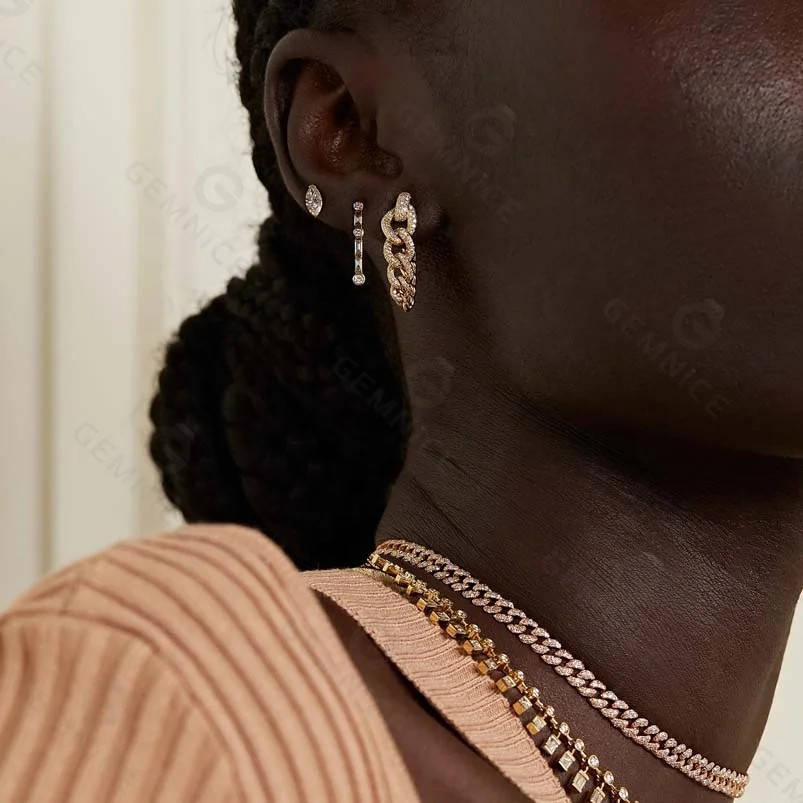 Gemnel hand-craft 18K gold  convertible left undone to hang freely with shimmering diamonds heavy curb link chain earring
