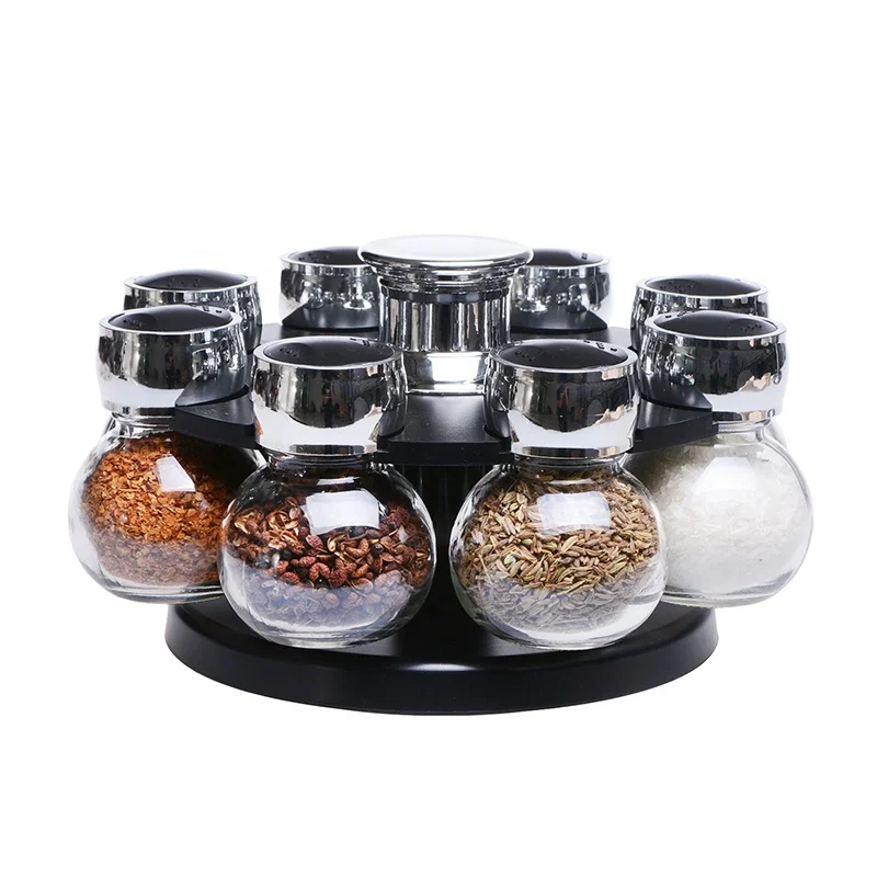 commercial glass spice set wth plastic revolving spice rack