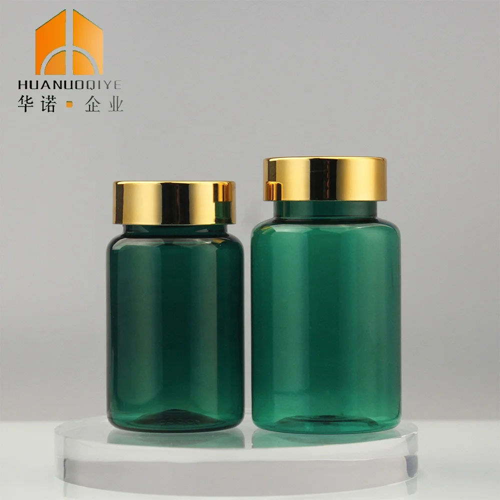 Large Size 100ml Thick Matte Green Color Medicine Pill Vitamin Protein Powder Plastic Bottles Containers with Gold Lid