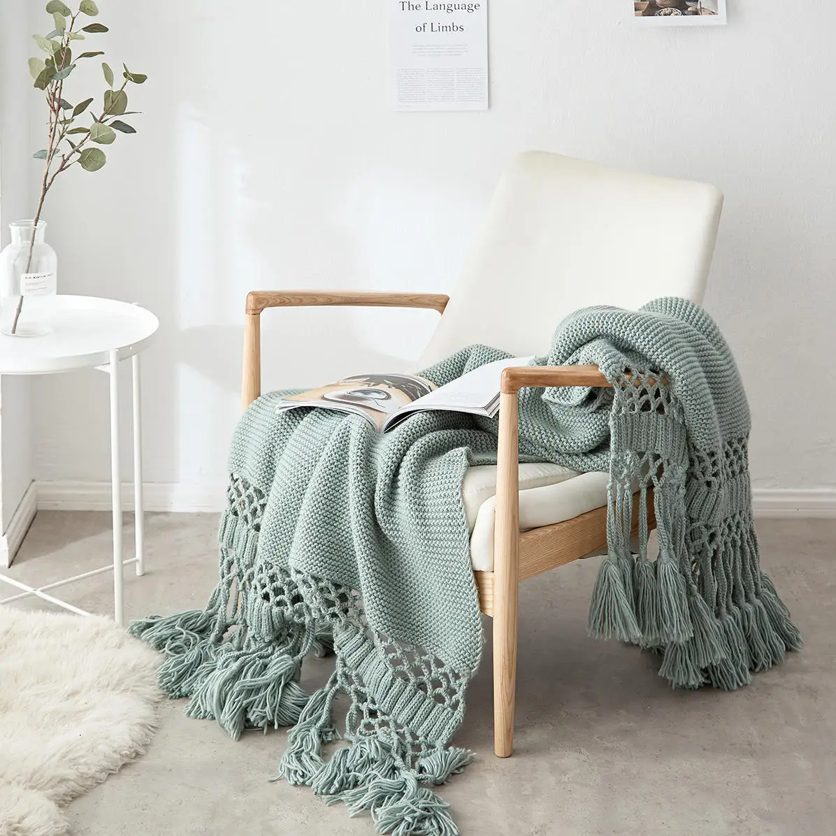 SIPEIEN High-quality Acrylic knitted blankets hollow pattern long tassel luxury knitting blanket for sofa couch