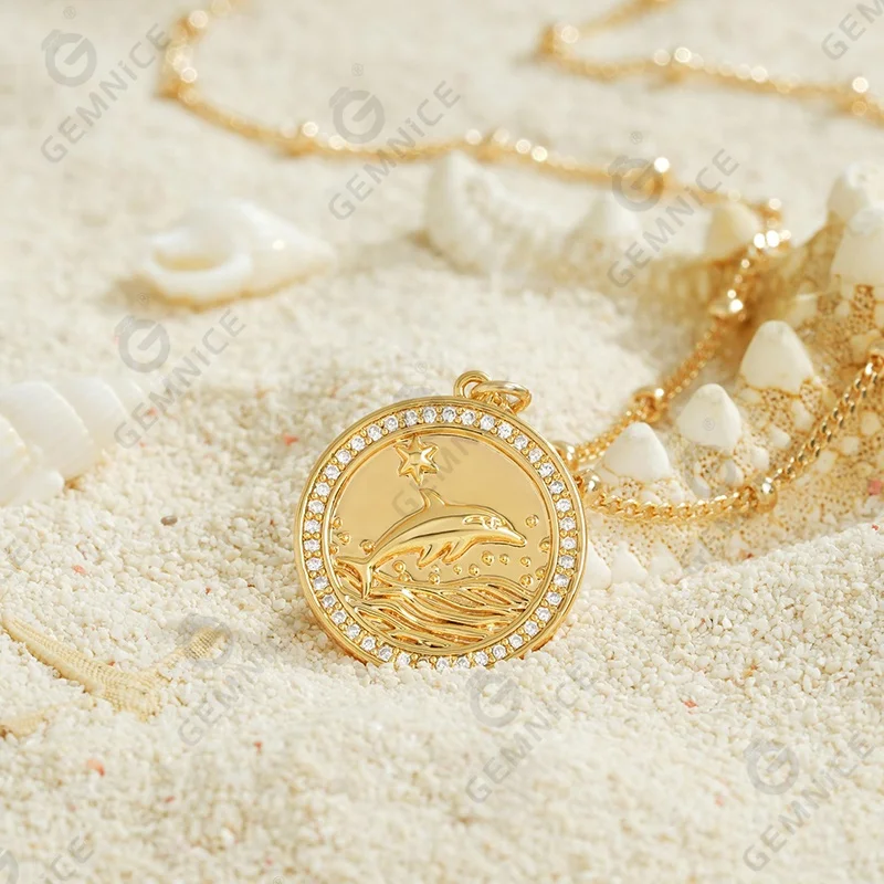 Gemnel custom 925 silver jewelry gold plated pave white cz star dolphin coin pendant necklace