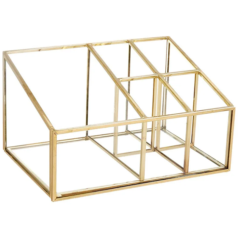 Cosmetic Storage Box Gold Decorative Metal Glass Clear Lash Jewelry Make up Glass Organizer Makeup Cosmetic Box Storage