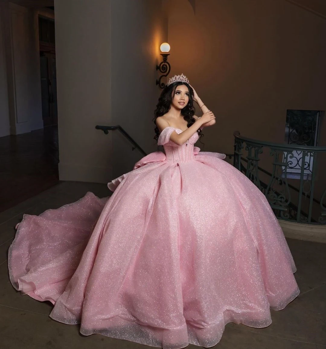 Ruolai WTH039 Quinceanera Dress Off Shoulder Sequined Tulle Back Large Bow Vestidos De 15 Anos Sweetheart Neck Sweet 15 Gowns