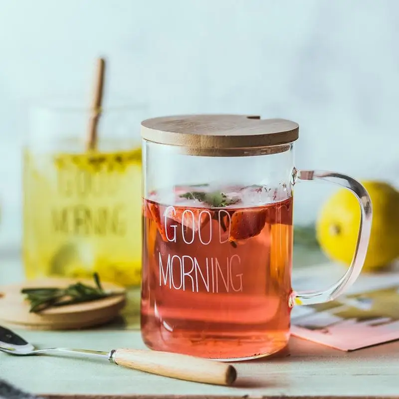 Sublimation Glasses Cup 15oz Heat-resistant Blanks Glass Breakfast Coffee Mug With Bamboo Lid And Spoon