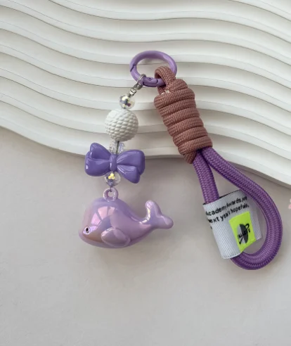 Acrylic Solid Color Colorful Cute Little Whale Dolphin Pendant Weave Cloth Rope Key Chain School Bag Pendant