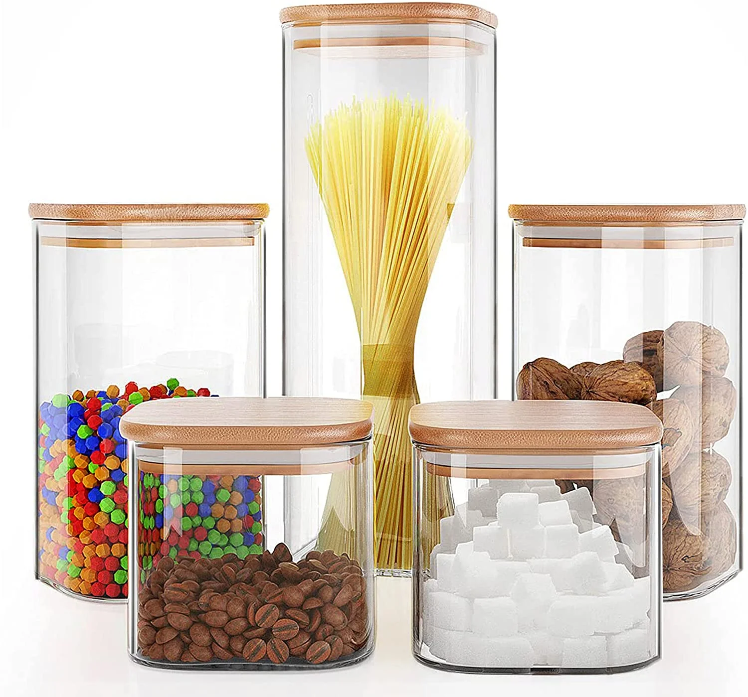 Custom Square Borosilicate Glass Storage Glass Spice Bottles &Jar With Airtight Bamboo Wooden Lid Stackable Kitchen Canisters