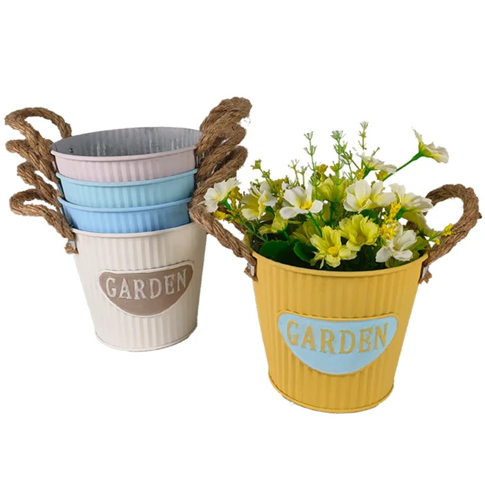 Cute Mini Garden&Flower Pot Rope Handle Galvanized Metal Buckets Farmhouse Decor Planter