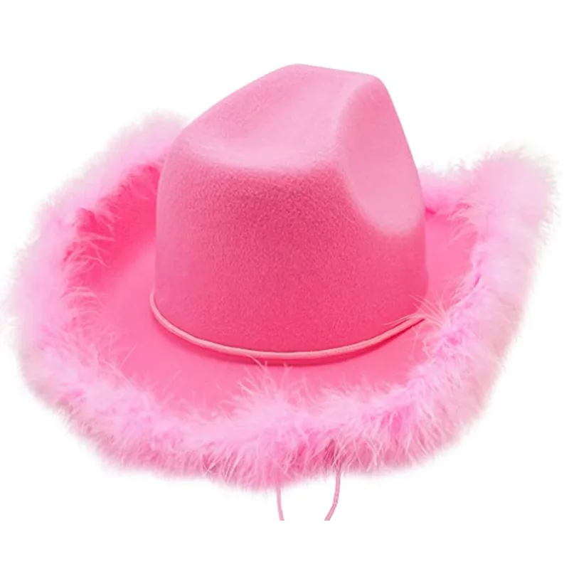 2022 Pink Felt Western Cowgirl Hat For Women Girl Female Cowgirl Hat  fashion blank fitted Party Pink Princess cap Cowboy Cap