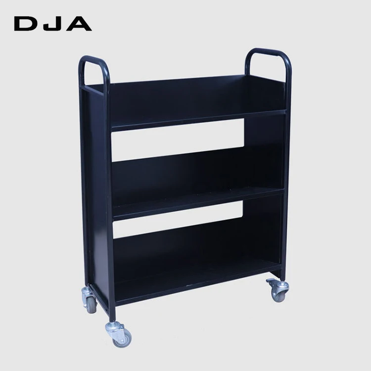 Оборудование для библиотеки с черным порошковым покрытием, Мобильная тележка для книг с металлической рамой и книжная полка с 3 уровнями
