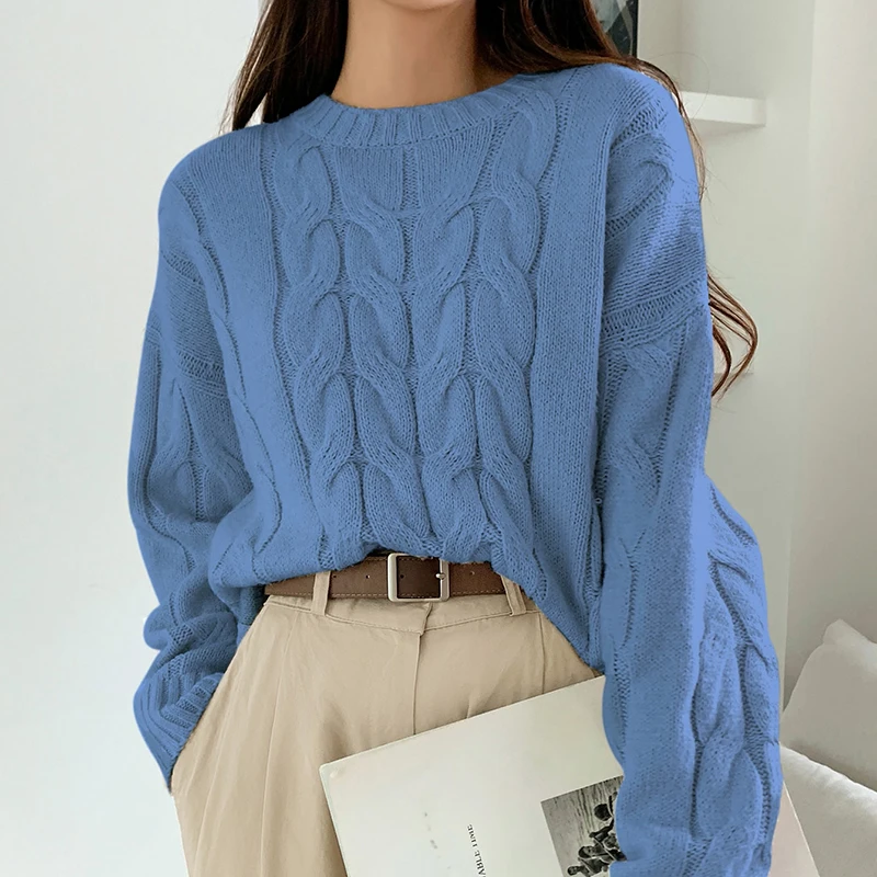 Solid Color Ladies Casual Sweater Fashion Round Neck Big Braid Cable Rib Cashmere Sweater