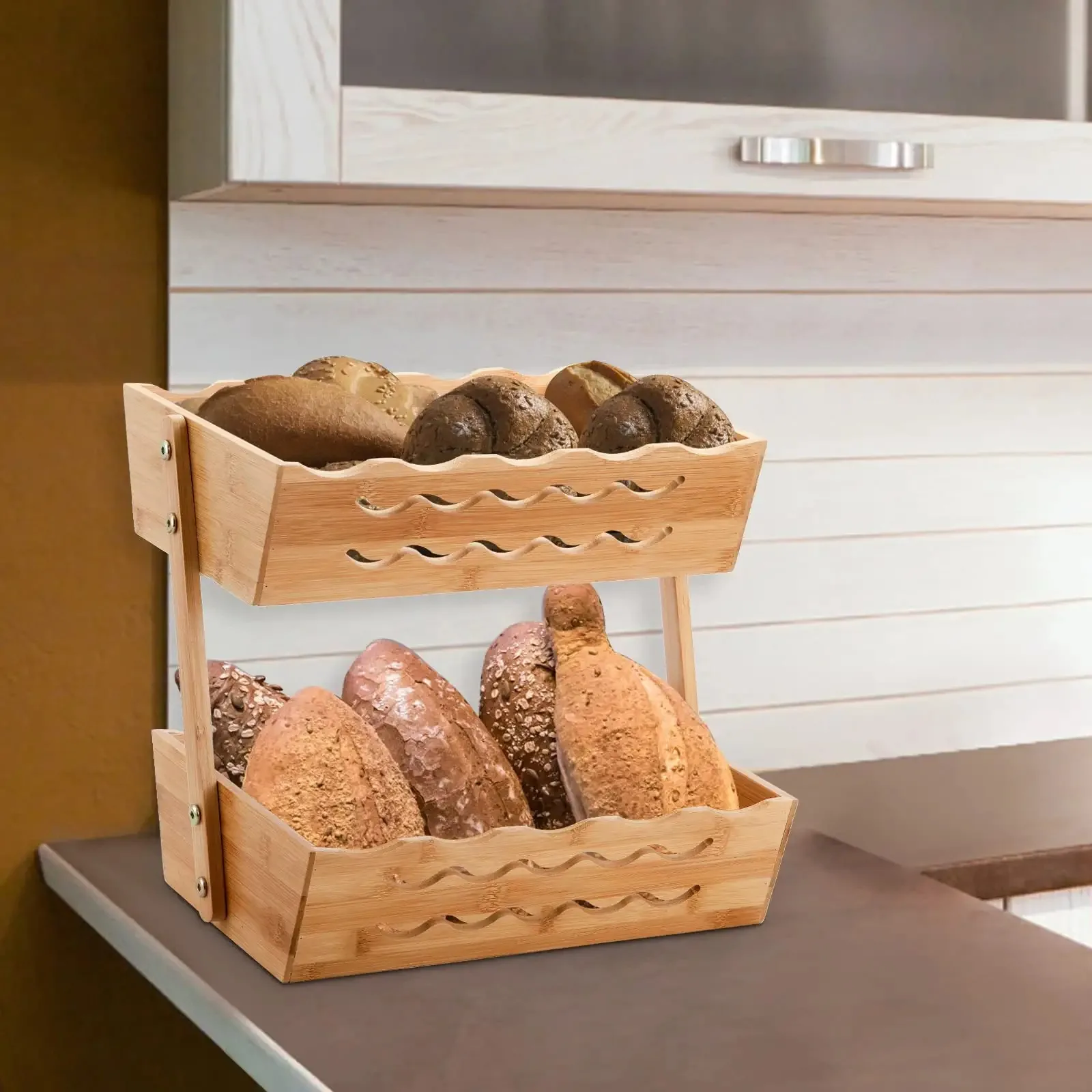 Bamboo Fruit Basket 2-Tier Bread Storage Organizer Vegetable Holder Bowl Display Rack for Kitchen