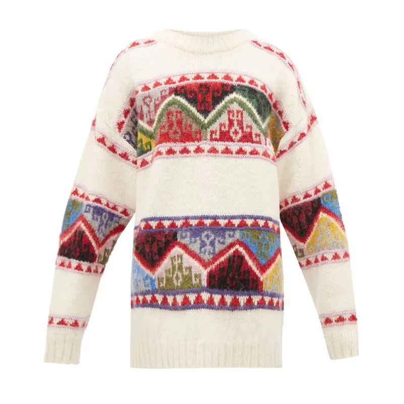 Custom LOGO OEM & ODM women sweater Jacquard mohair Long Sleeve Knit cotton knitted winter knitwear women crew neck sweater