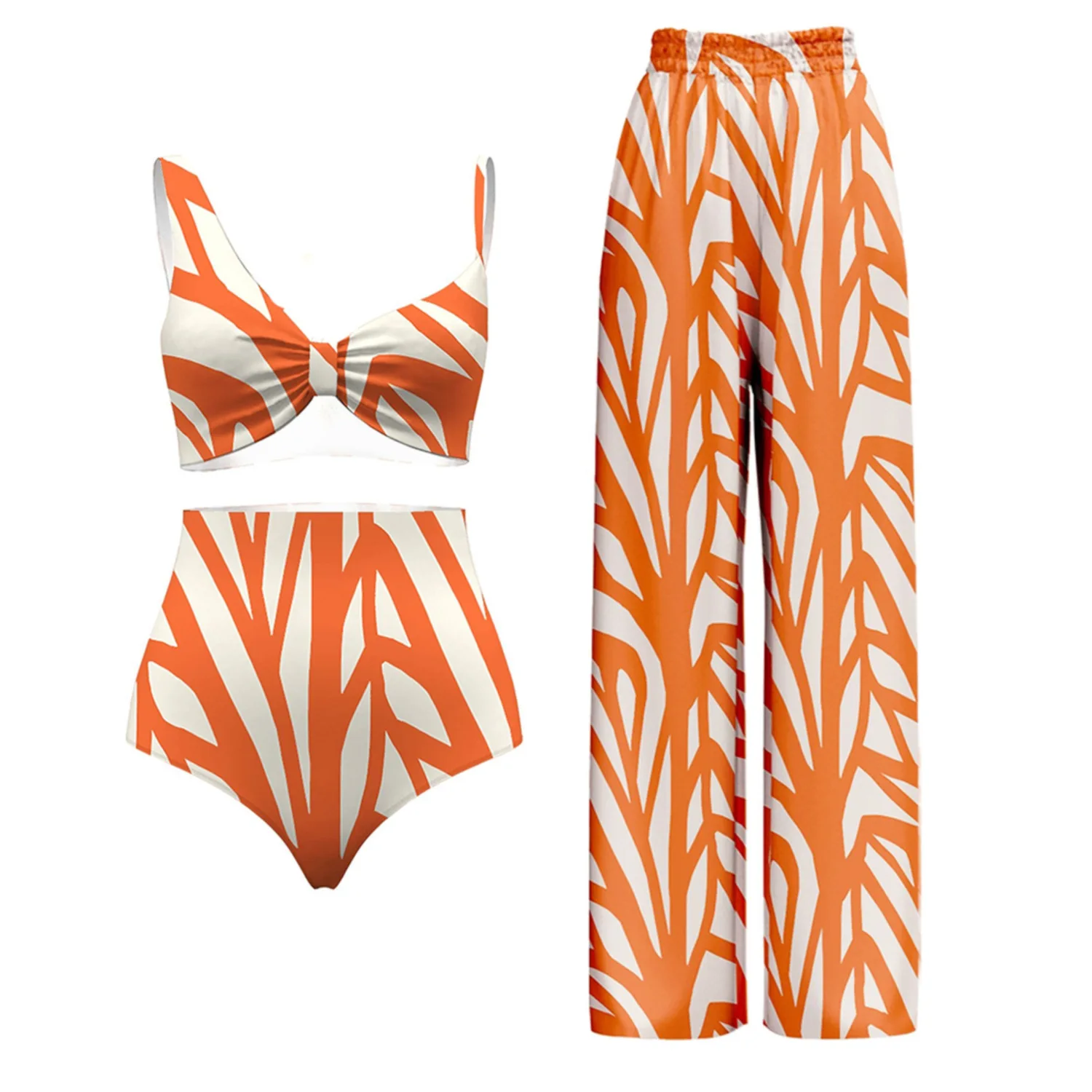 JSN High Waist Pants Suit Swimwear Women One Piece Swimsuit Beachwear Cover up Bikini Digital Print Adults Round Neck Orange 500