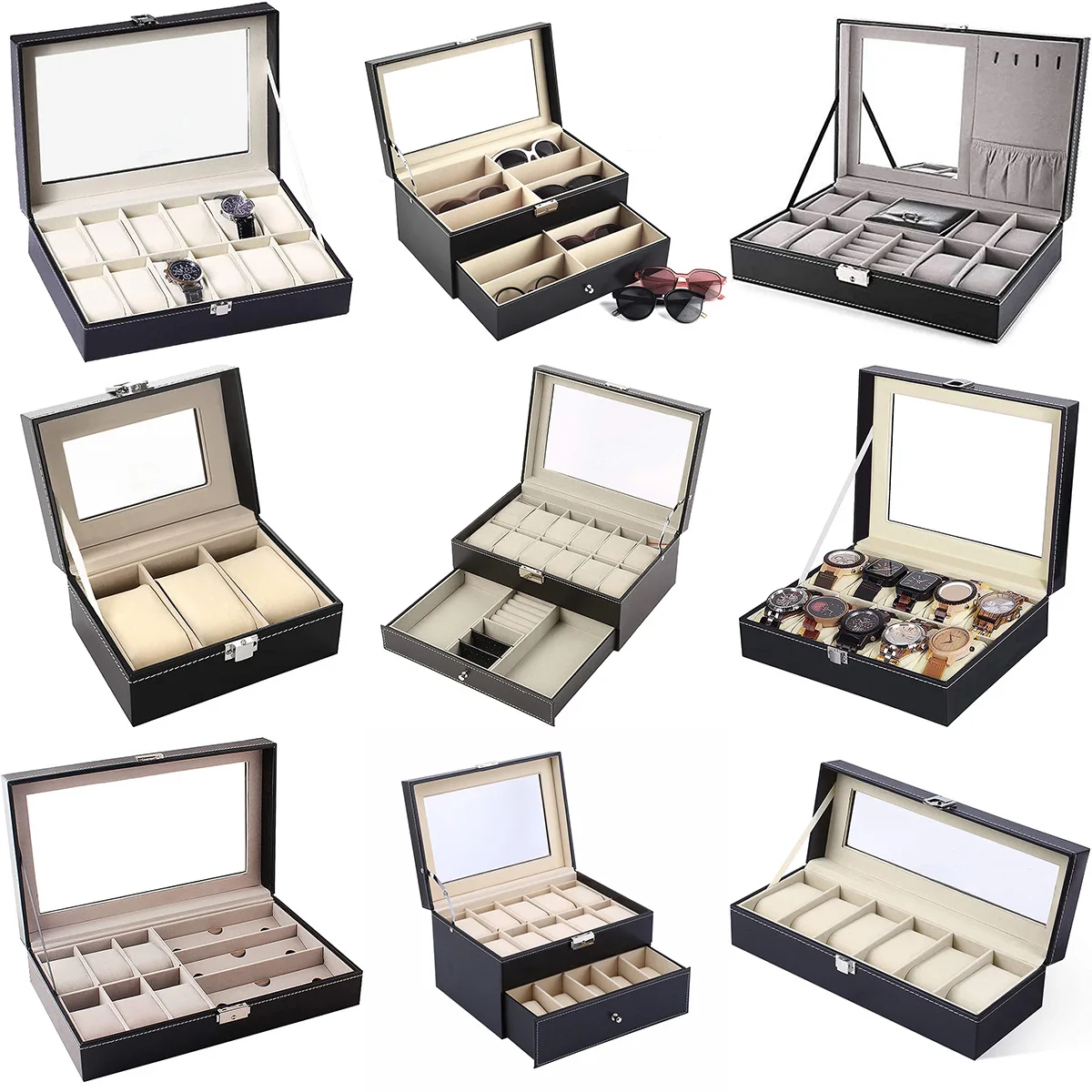 wholesales 12 slots watch box with cover open window display watch display box storage wrist watch leather case jewelry case