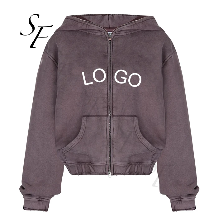 Star Fashion High Quality Custom Women Cropped Zip Up Hoodie Jogger Pants Two Pieces Set Acid Washed Drop Shoulder Sweatsuit Set