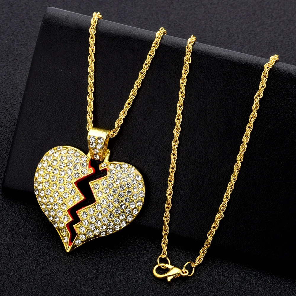 
Hot Sale Three-color Cubic Zircon Rhinestone Pendant Necklace Premium Iced Broken Heart Pendant Necklace 