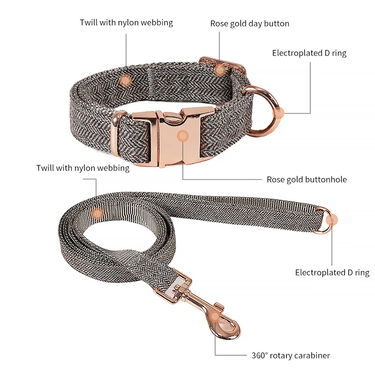 OKKPETS Wholesale dog collar leash Twill strong wear resistant rose gold nylon dog collar