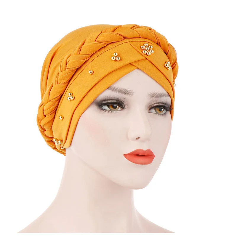 New European American Spring Tube Autumn Baotou Milk Silk Monochrome Beaded Plait Turban Headband Hat in Stock
