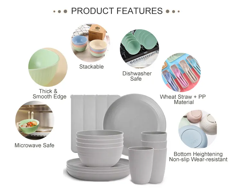 Plates and Bowls Spoon Fork Knife Set Wheat Straw Plastic Dinnerware Tableware Set