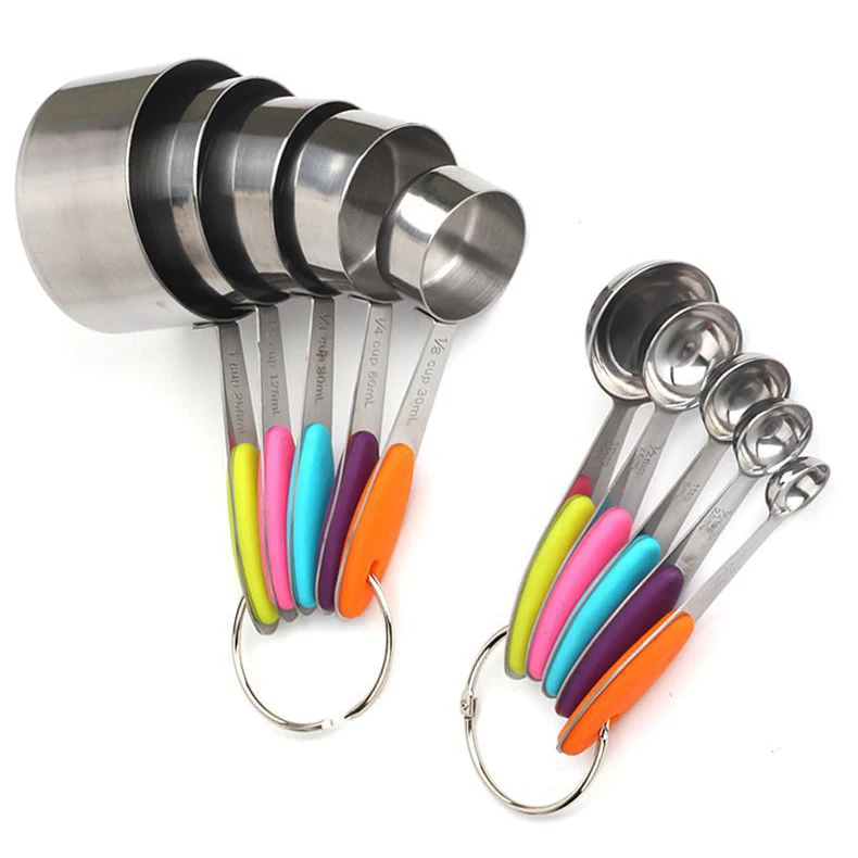 Hot sale cheap promotional 10pcs stainless steel spoons and measuring cup with silicone handle