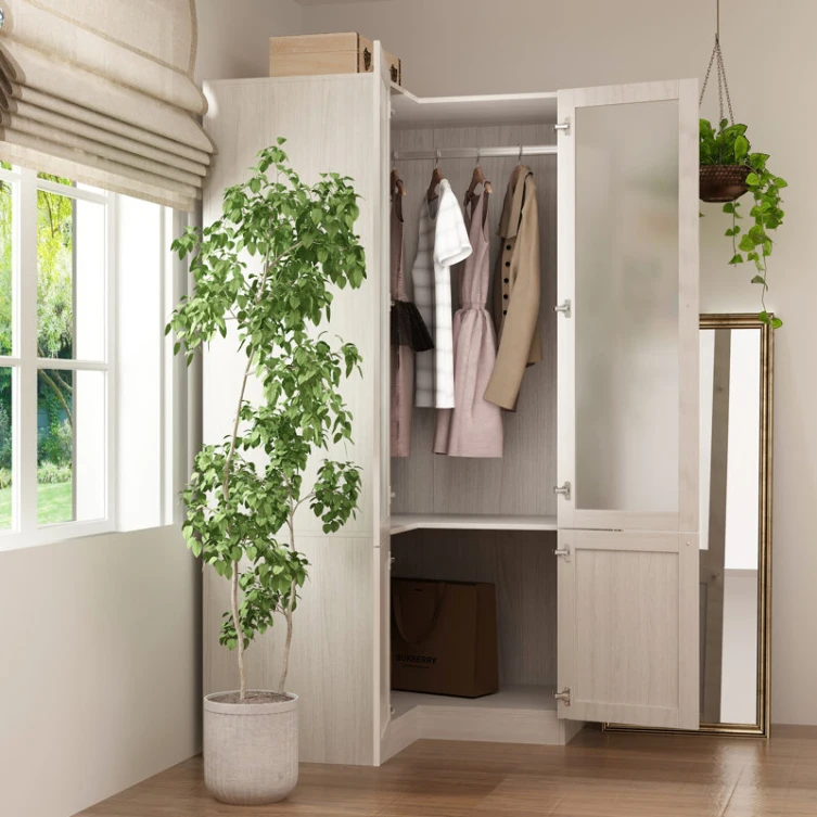 24 Years Bedroom Furniture Corner Wardrobe Cabinet, Modern Wood Grain Armoire Closet with Frosted Glass Doors