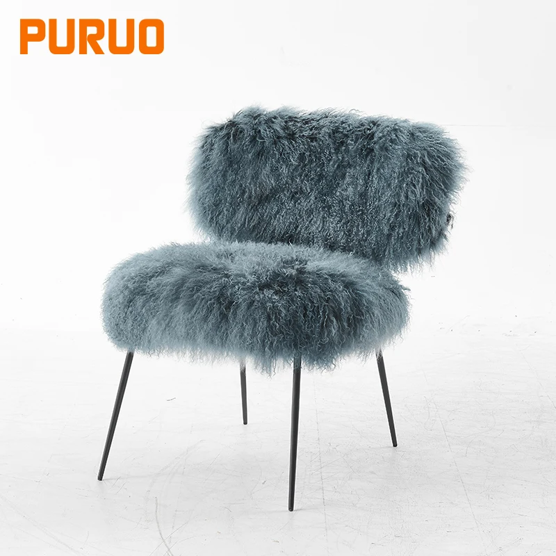 PURUO modern  black titanium stainless steel white sheep wool lounge leisure chair