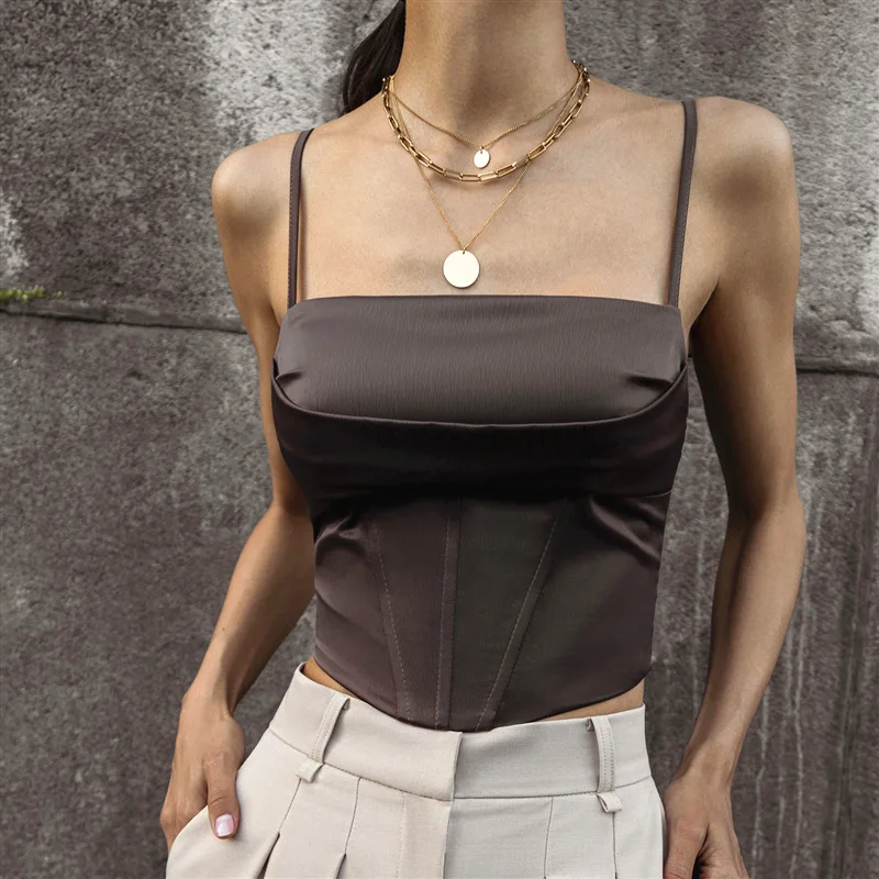 2024 New trending sexy off-neck knotted short satin vest hot girl all-matching tank top women