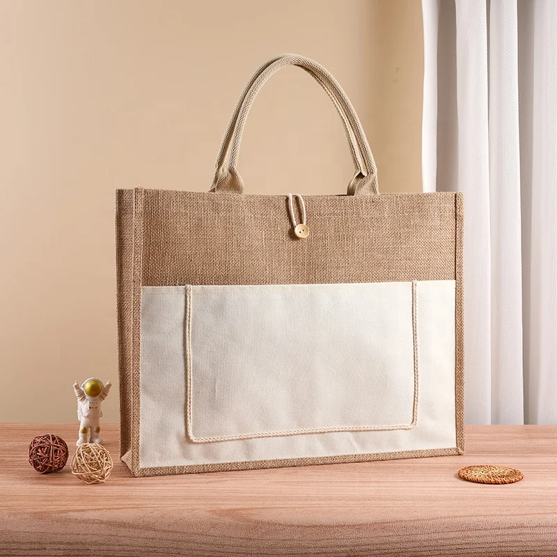 Wholesale Printed Logo Grocery Jute Shopping Promotional Hessian Burlap Jute Tote Bag with Button and Front Pocket