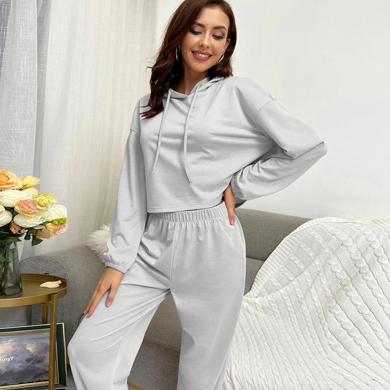 Custom Drop Shoulder Drawstring Hoodie Sweatpants Jogging Sweatshirts Suits Gym crop tops for women Set print logo for spring