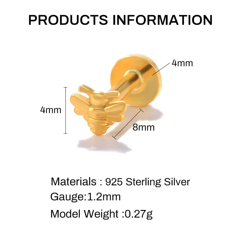 QLEESI 2022 Small Bee Labret Piercing Internal Thread 925 Silver Body Jewelry 16G Wholesale Earrings