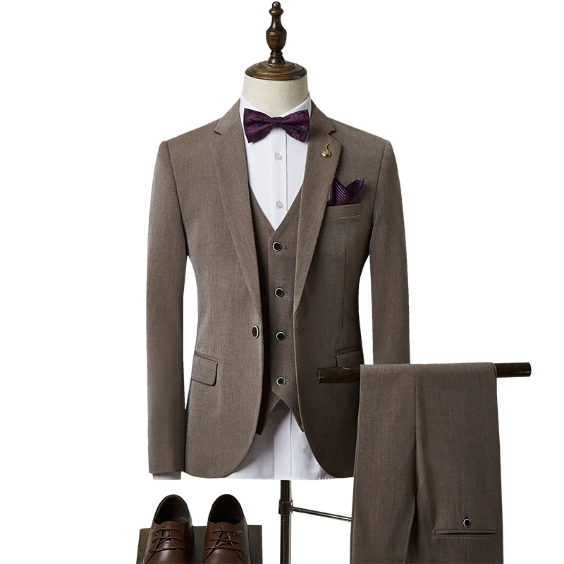 Мужской облегающий костюм из 3 предметов, блейзер, смокинг + жилет + брюки, однобортный, на одной пуговице, для вечеринки, делового и свадебного торжества