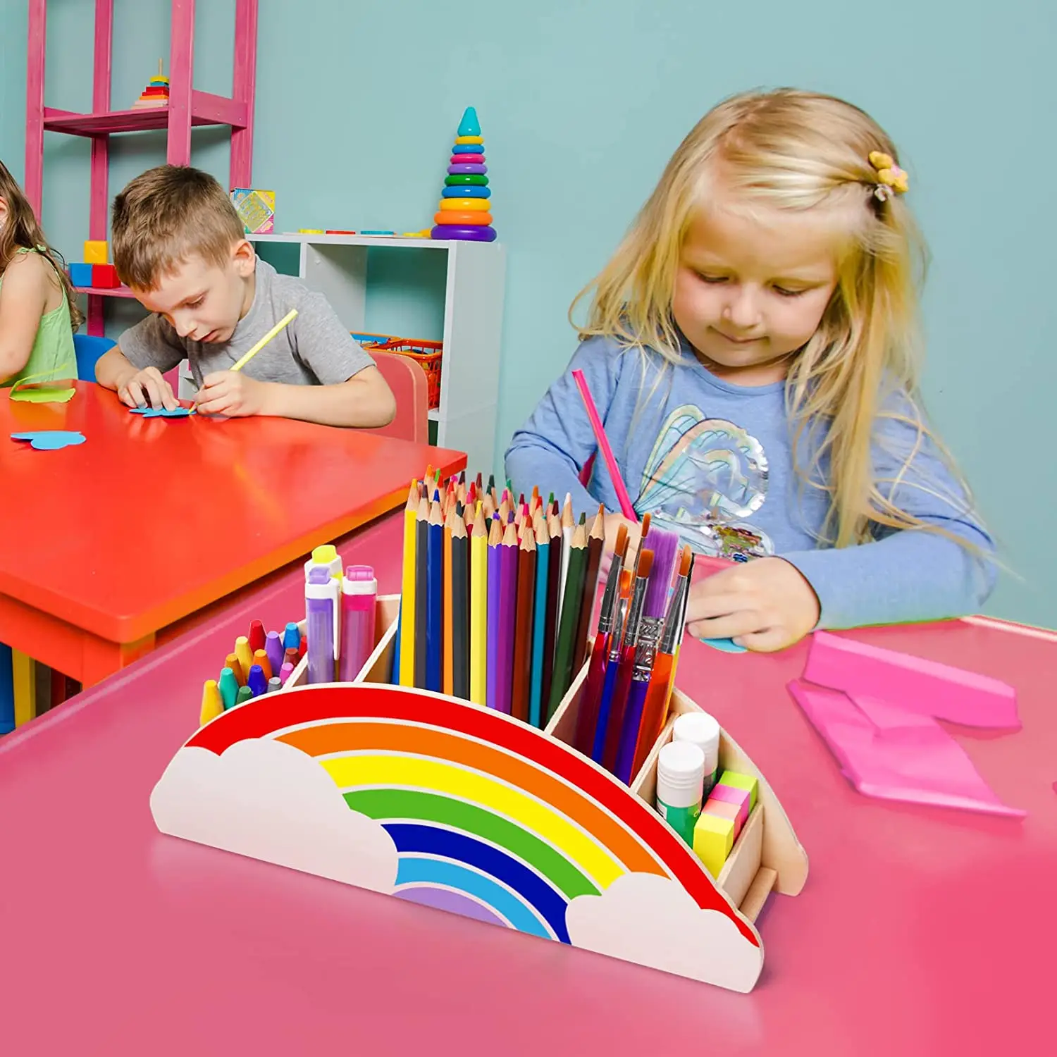 Rainbow Wooden Pen Pencil Holder Phone Holder for Office Supplies Makeup Brush for Women