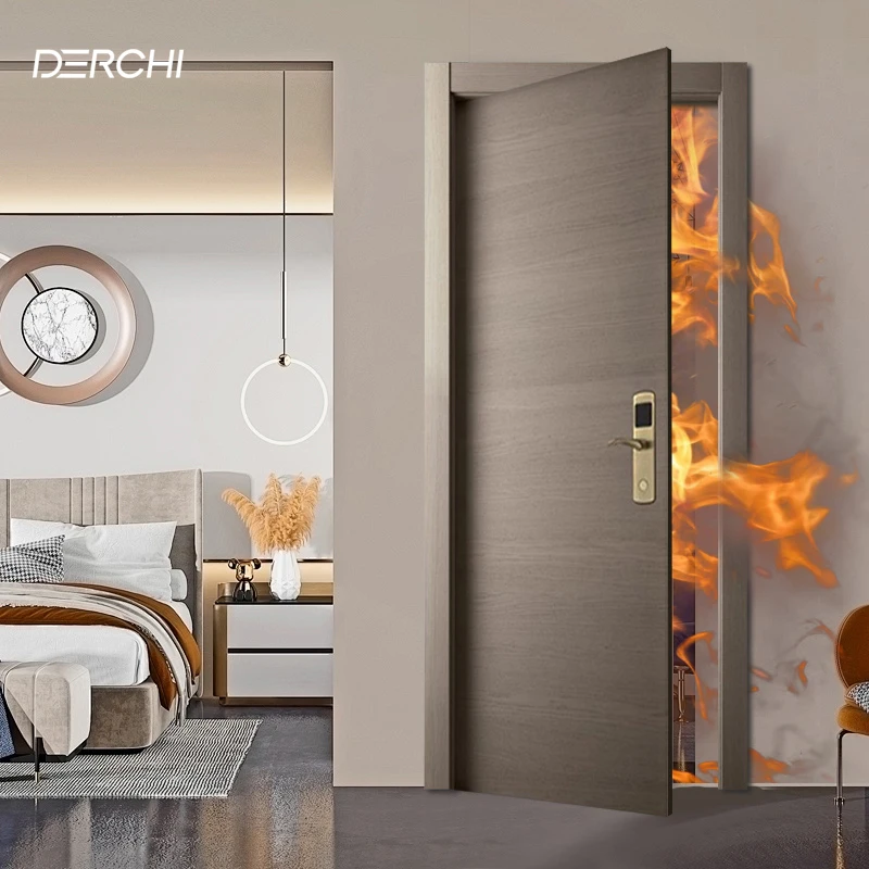 DERCHI Factory Nature Veneer Composite Solid Wood Door Interior Bedroom Apartment MDF Fire Rated Wooden Slab Doors