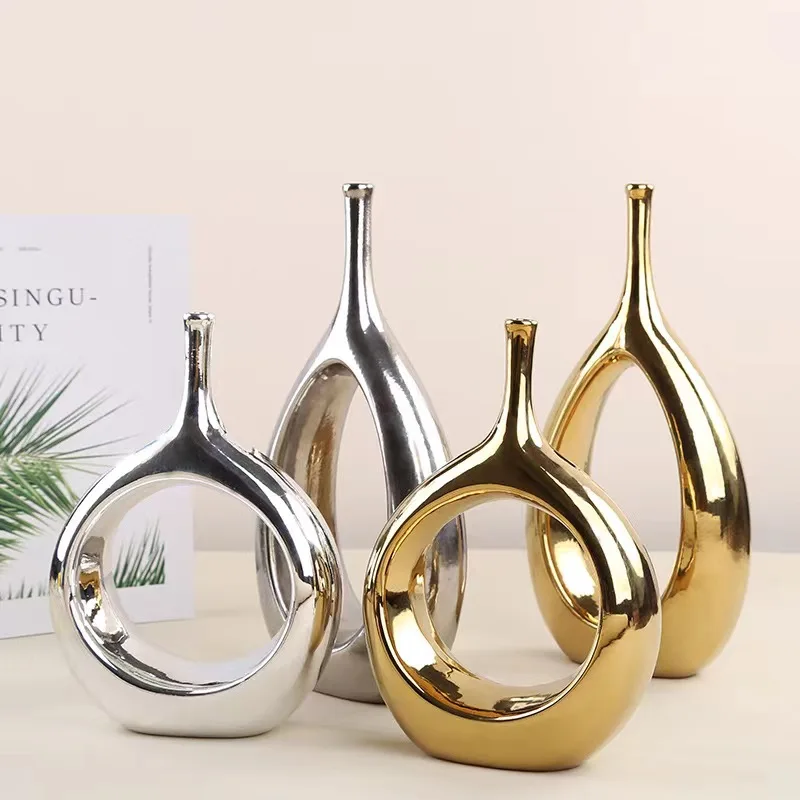 2023 Cross-border exclusive gold silver black jade ring ceramic vase decoration modern simple fashion hollow oval vase