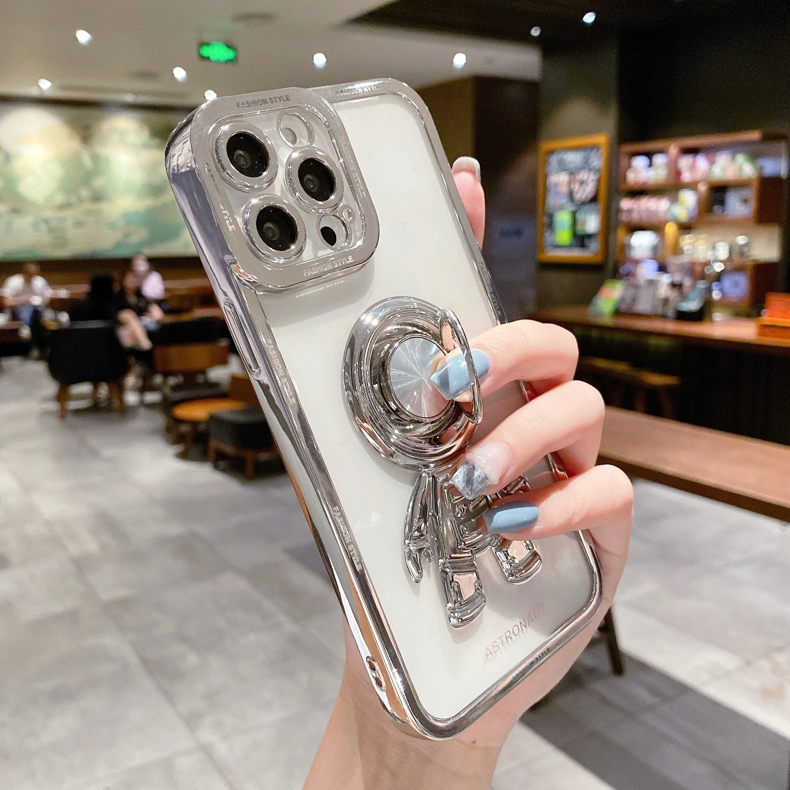 Electroplate TPU Transparent Cute Phone Case for iPhone 14 13 12 Fashion Plating Phone Case & Astronaut Ring Holder Cove