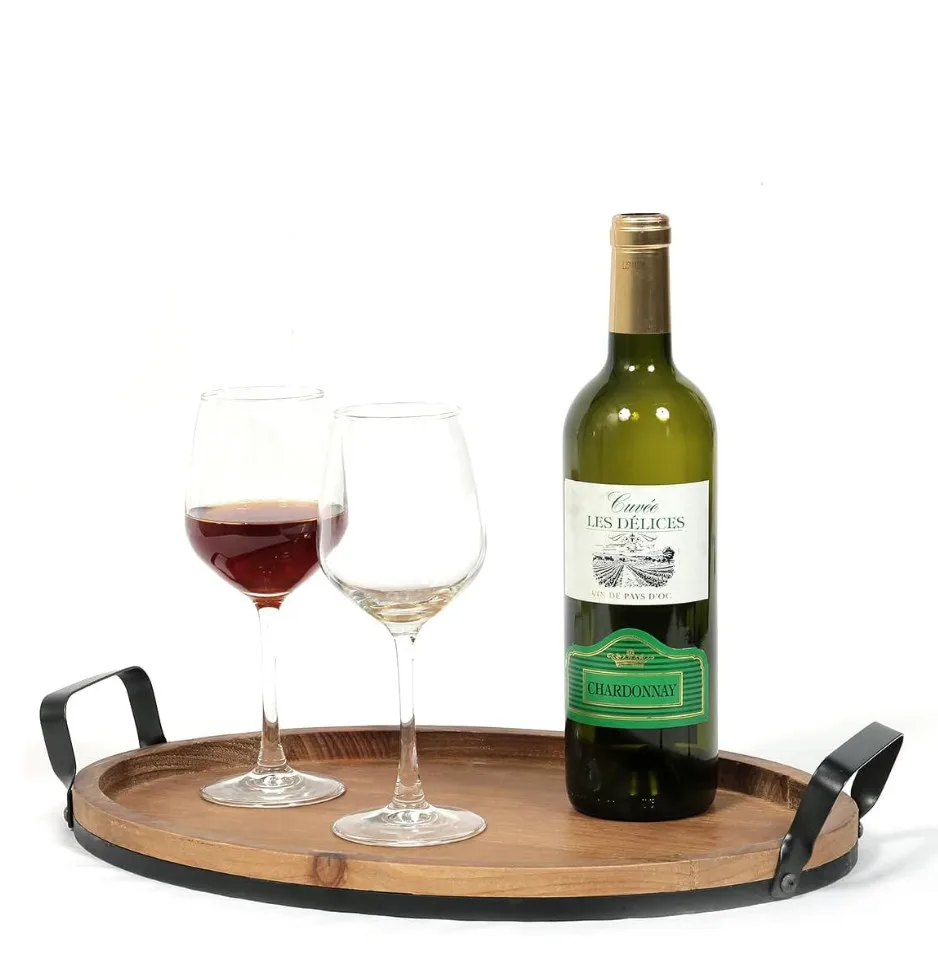 Farmhouse Rustic Ottoman Oval Brown Metal and Wood Tray Coffee Table Tray Wood Serving Tray