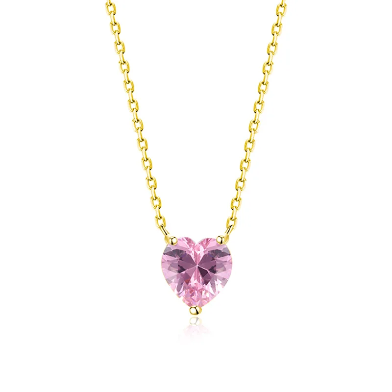 Cartoon Style 925 Sterling Silver 18K Gold Plated Women Pink Zircon Diamond Love Heart Shape Pendant Necklace