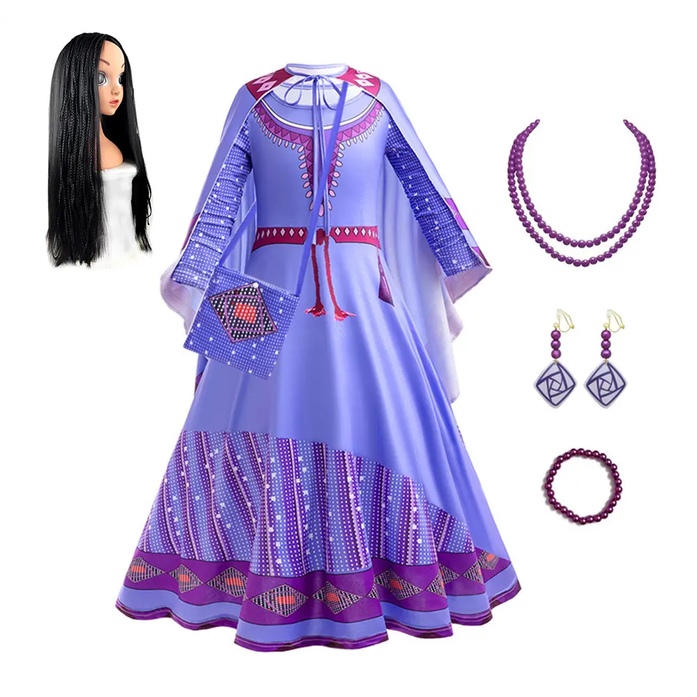 New Movie Girls Princess Dress Purple Asha Costume Birthday Party Halloween Carnival Cosplay Wish Asha Costume