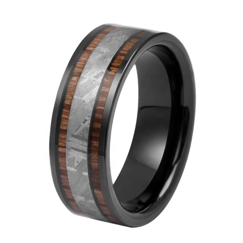 TIZTI Ring Jewelry 8mm Stainless Steel ring Muonionalusta Meteorite and Koa Wood inlay Tungsten Men rings