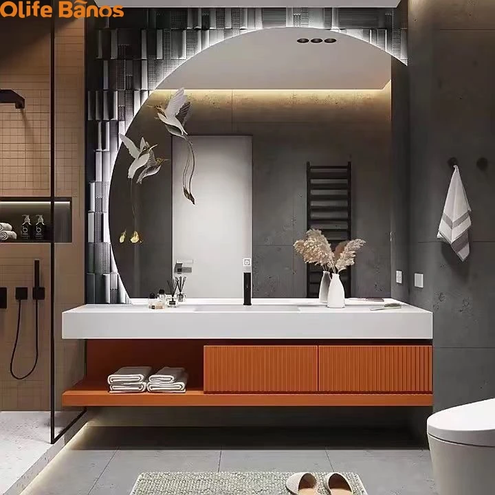 European Orange Green White Colors Fluted Shape Sintered Stone  Wall Mount Bathroom Vanity Cabinets with Smart Mirror Lights